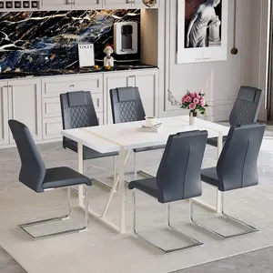 Table and chair set.55"x31.4" Cream-Style White MDF Dining Table Set with 6 Dark Gray Chairs With Silver Metal Legs.MDF Tabletop and metal frame legs.Adding a warm atmosphere to your family.