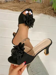 Women's High Heel Sandals, Thick Sole Toe-Exposed Sexy Slippers, Flower Design, Outdoor Fashion Mules, Stylish Summer Shoes