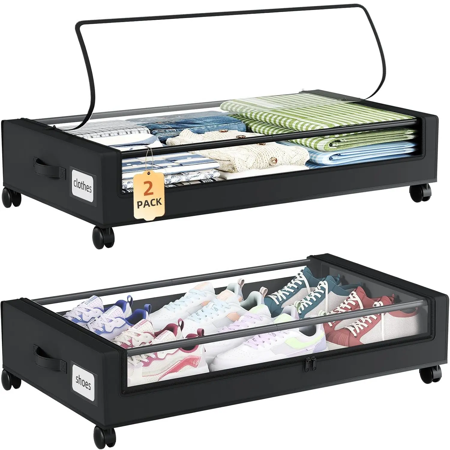 Under Bed Storage with Wheels, 2 Pack Under Bed Storage Containers | Underbed Shoe Storage Organizer with Clear Lids, Rolling Under The Bed Storage for Clothes, Blankets, Toys