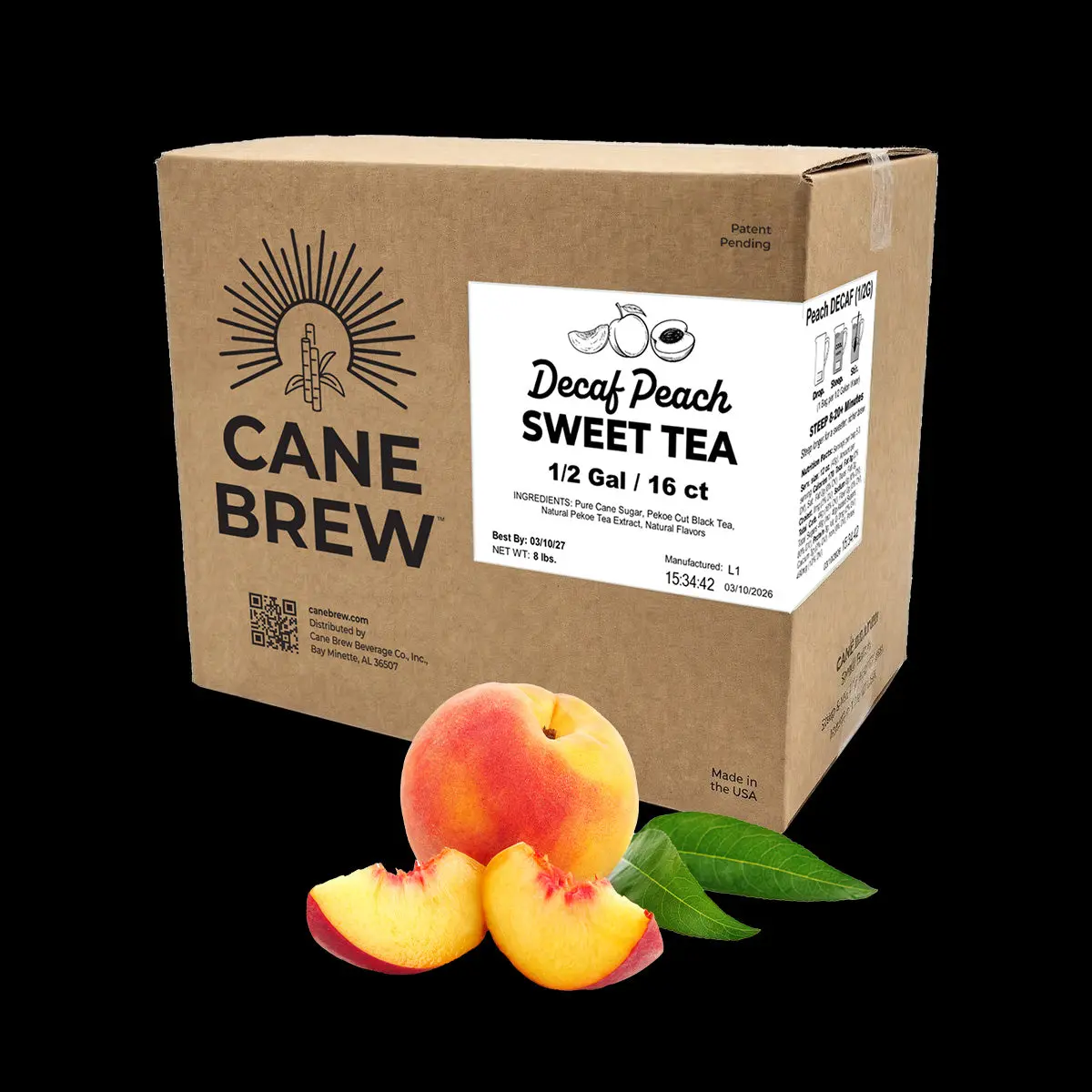 Cane Brew Decaf Peach Sweet Tea - 16 Half-Gallon Cold Brew Tea Bags - Gluten Free - Non-Returnable