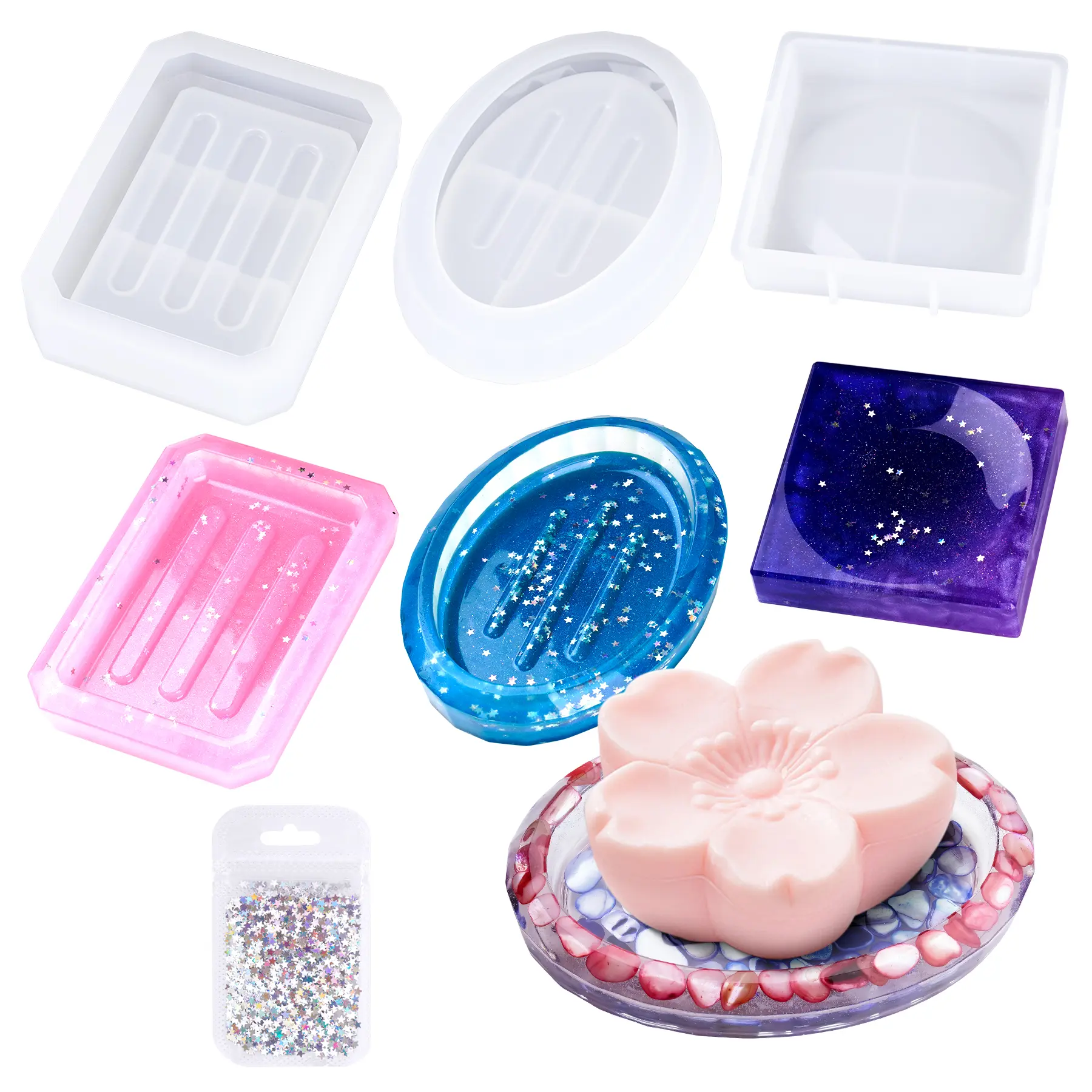 NiArt Premium Eco-Friendly Translucent Flexible Silicone Epoxy Molds - BPA-Free Hand Molding Kit with 3 Shapes, DIY Soap Dish Supplies for Resin Casting, Handmade Home Decoration Gift Ornaments