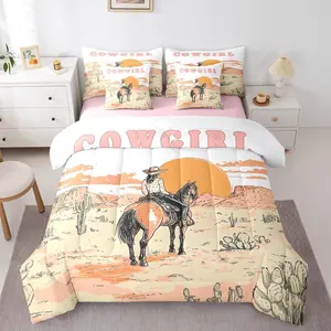 Western Cowgirl Comforter Set with Sheets,Wild West Horse Bedding Set,7 Piece for Girls Kids,Cactus SunSet,Bed Set,Rustic Country Farmhouse Bed in a Bag with Fitted+Flat Sheet