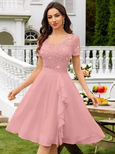 MIUSOL 24224 V-Neck Contrast Lace Sequin Insert Ruffle Trim Chiffon Elegant Prom Cocktail Party Swing Dress