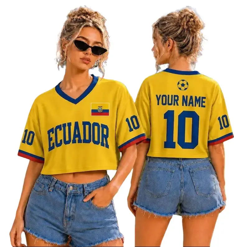 Ecuador Soccer Crop Top Jersey Custom Name Number Women Mesh Football Fan Shirt, Yellow Soccer Shirt, Ecuador Fan Gift