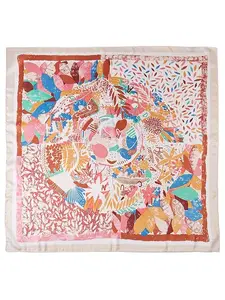 Multi Leaves Print Silk like Large Square Satin Headscarf Headdress Bandana Light Weight Scarf