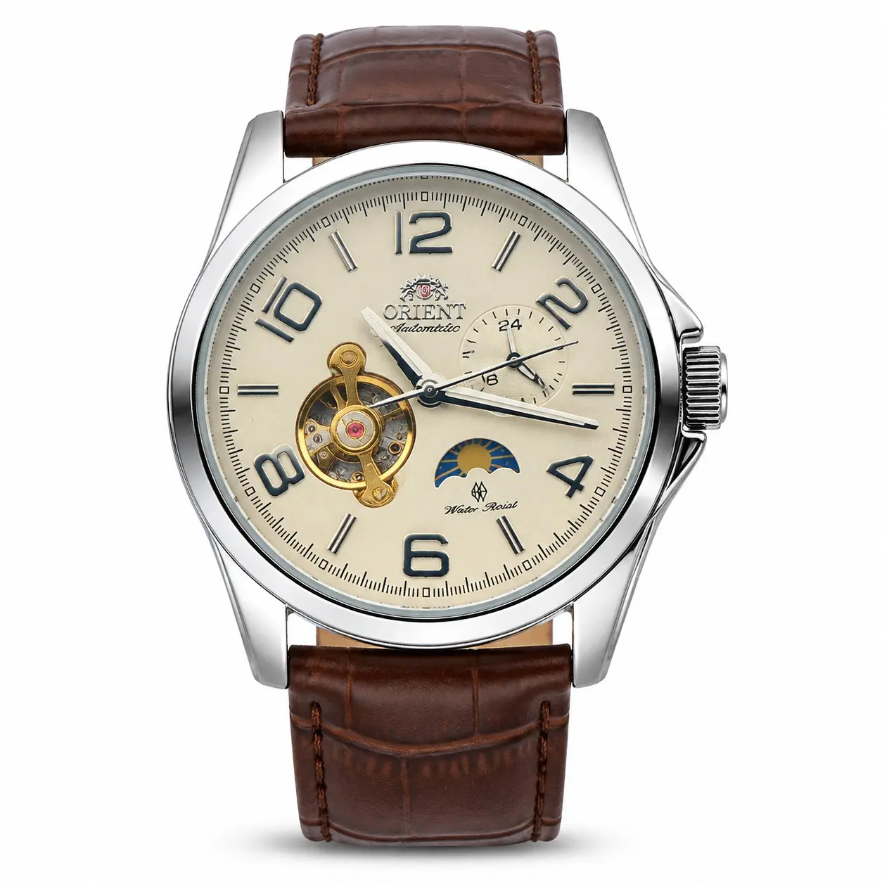 Orient Men Automatic Watch Skeleton Open Heart Moon Phase Sun&Moon 24H Subdial Stainless Steel & Leather Strap Waterproof Casual Business Mechanical Wristwatch Ideal Birthday Anniversary Father’s Day Luxury Gift for Him Reloj Hombre Automático Orient