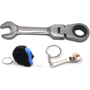 10mm Stubby Ratchet Socket Wrench CR-V Steel 72-Tooth Gear Wrench with Free 3FT Tape Keychain & Mini Spanner Keychain for Narrow Spaces
