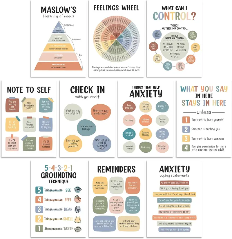 Care Mental Health Posters set 10 Multicolor, Therapy Office Decor, Counseling Office Must Haves School Counselor PR Colorful for Transforming Your Workspace into a Productive and Positive Environment