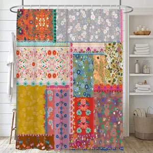 Boho Patchwork Shower Curtains for Bathroom Bohemian Style Stitching Colorful Floral Vintage Retro Shower Curtains Bathtubs Waterproof Fabric Curtain Set Decor with Hooks