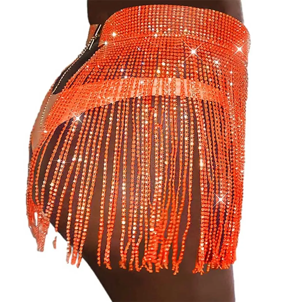 Jemiwa Rhinestone Tassel Skirt Sparkly Belly Dance Hip Scarf Crystal Waist Belt Chain Rave Body Accessory Costume for Women