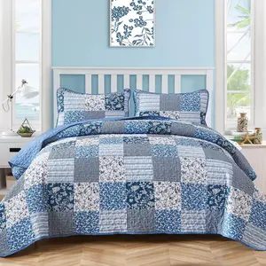 Blue Boho Quilt Set Queen Size, 3 Pieces Plaid Floral Bedspread Coverlet Set for All Season, Patchwork Reversible Bedding Set Queen 90"x96"