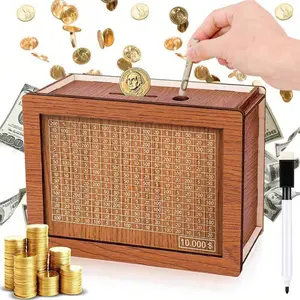 Wooden Money Box with Counter, 1 Count Money Saving Goal Organizer Storage Box with Pen, Decorative Gift for Teen Girls Piggy Ornaments Decoration 1000 Dollars Financial Coin funny gift Save