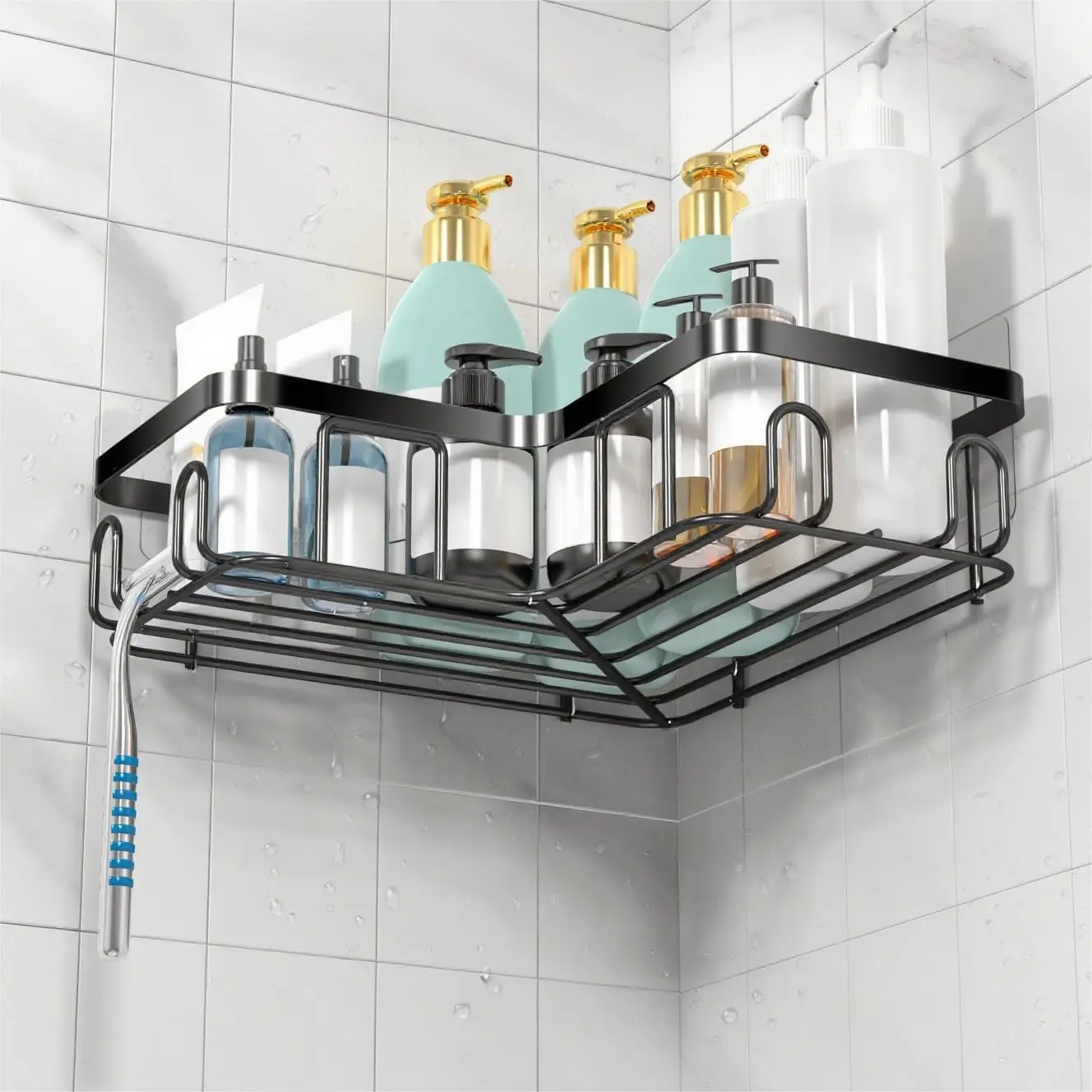 No-Drill Corner Storage Rack Fan shaped storage rack non perforated bathroom storage, Bathroom Wall Triangle Shelf, Wall-Mounted Corner Shelf Organizer, Punch Free Shower Corner Caddy, Cast Iron Corner Shower Shelf Black RV Bathroom Accessory
