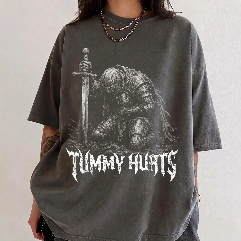 Comfort Colors Tummy Hurts Knight Shirt, Vintage Medieval Graphic Tee, Funny Gothic Fantasy Armor Shirt, Unisex Gift, Digital Print, Ansi/Isea 107 Compliant, Basics, Classic, Cold Wash, Crew Neck