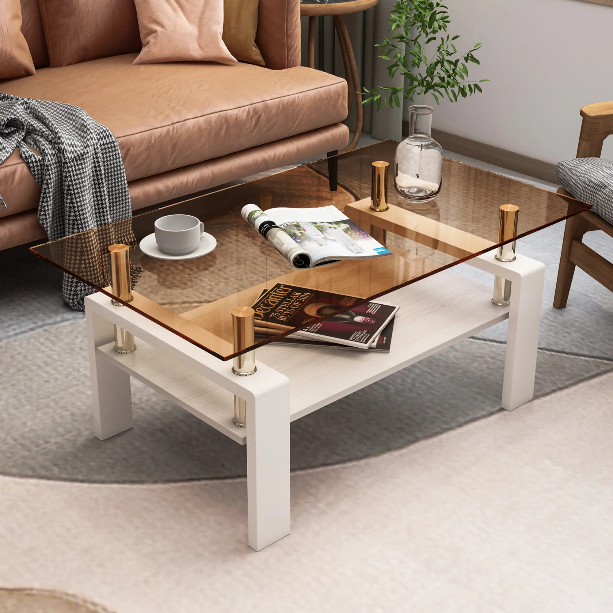 Living Room Rectangle Coffee Table, Tea Table Suitable for Waiting Room, Modern Side Coffee Table with Wooden Leg, Glass Tabletop with Lower Shelf