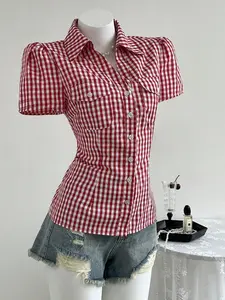 Women's Summer Gingham Short Sleeve Shirt Blouse, Slim-Fitting Casual Button Down Top, Korean Style Lapel Design, Perfect for Daily Wear Plaid
