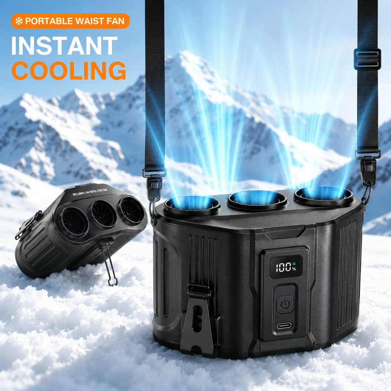 Portable Waist Fan - 3 Turbo Blades, 12000mAh Rechargeable Battery, High Power, High Velocity, USB Port, for Construction Workers, Camping, Summer Household Portable Cooling Fan