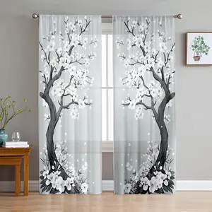 2D Flat 2Pcs floral blossom tree print curtains, artistic rod pocket drapes, light filtering privacy panels, elegant sheer window treatments, bedroom living room home decor, decorative curtains, Home Decoration Curtain..