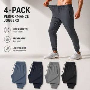 4-Pack AMZPURE Men's Jogger Pants, Lightweight Stretch Sweatpants with Zipper Pockets, Athletic Casual Trousers for Big & Tall, Ideal for Running, Gym, Workout, Spring & Summer Wear FathersDayGift