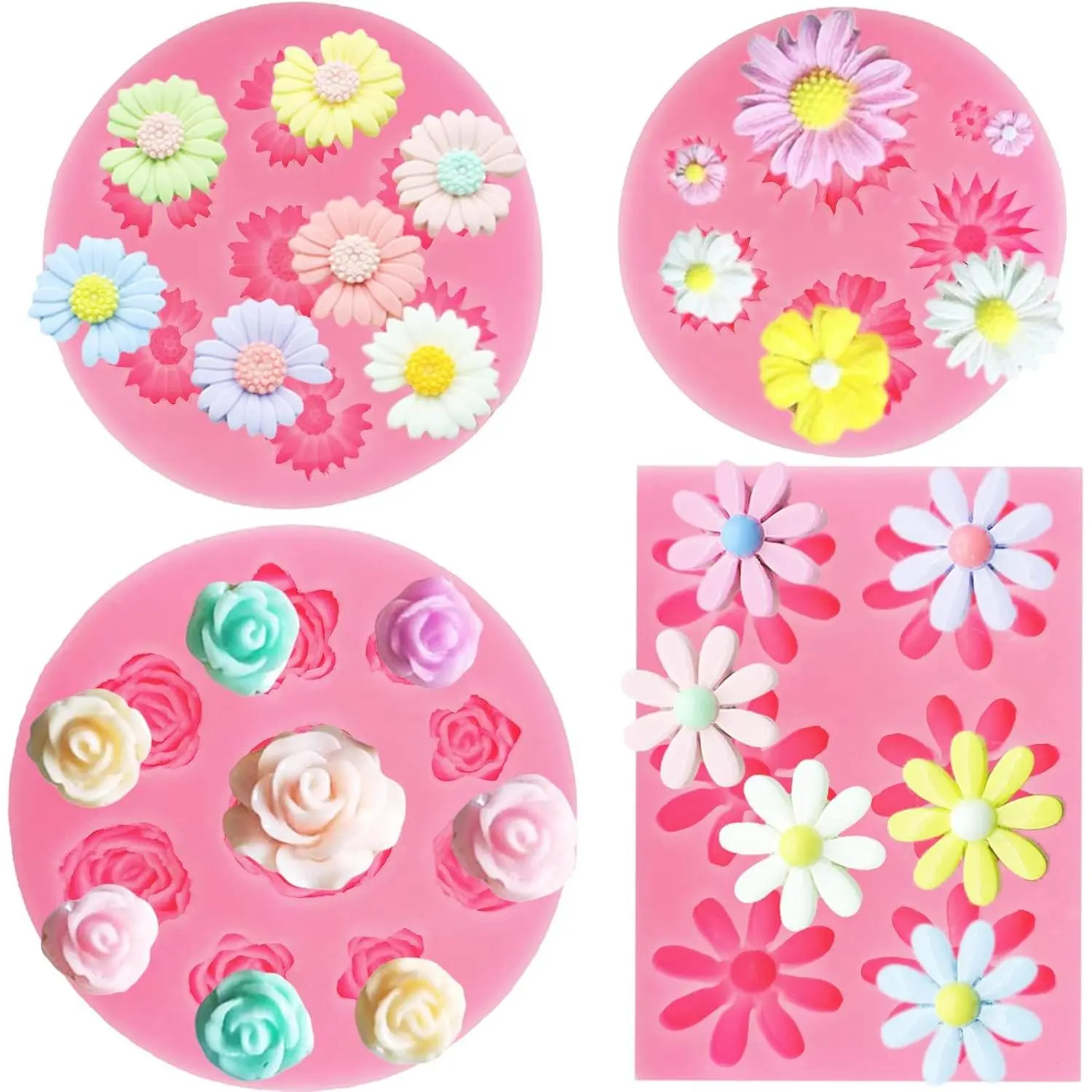 4Pcs All Seasons Silicone Flower Shape Molds - Rose,Daisy,Chrysanthemum Designs, Home Supplies for Cake Decor,Chocolate Making,Diy Craft Decoration, No Extra Tools Needed, Compatible with Polymer Clay,Resin,Candy,Ice Cube,Soap,Wax