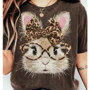 Comfort Color Happy Easter Bunny Outfit, Retro Leopard Bunny Graphic Tee, Coquette Bow Bunny Fashion Shirt, Oversized Cotton Spring Top, Cute Valentine Gift For Her, Best Easter Holiday Gift For Women Family Friends