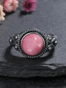 Natural Rhodochrosite Cabochon Ring for Women Men Couple, Thick Silver Plated Tone Ethnic Carved Band, Boho Style Rings, Boho Statement Ring, Boho Hippie Style Fashion Accessory, Natural Gemstone Ring, Ideal for Casual, Office, Vacation & Birthday Gift