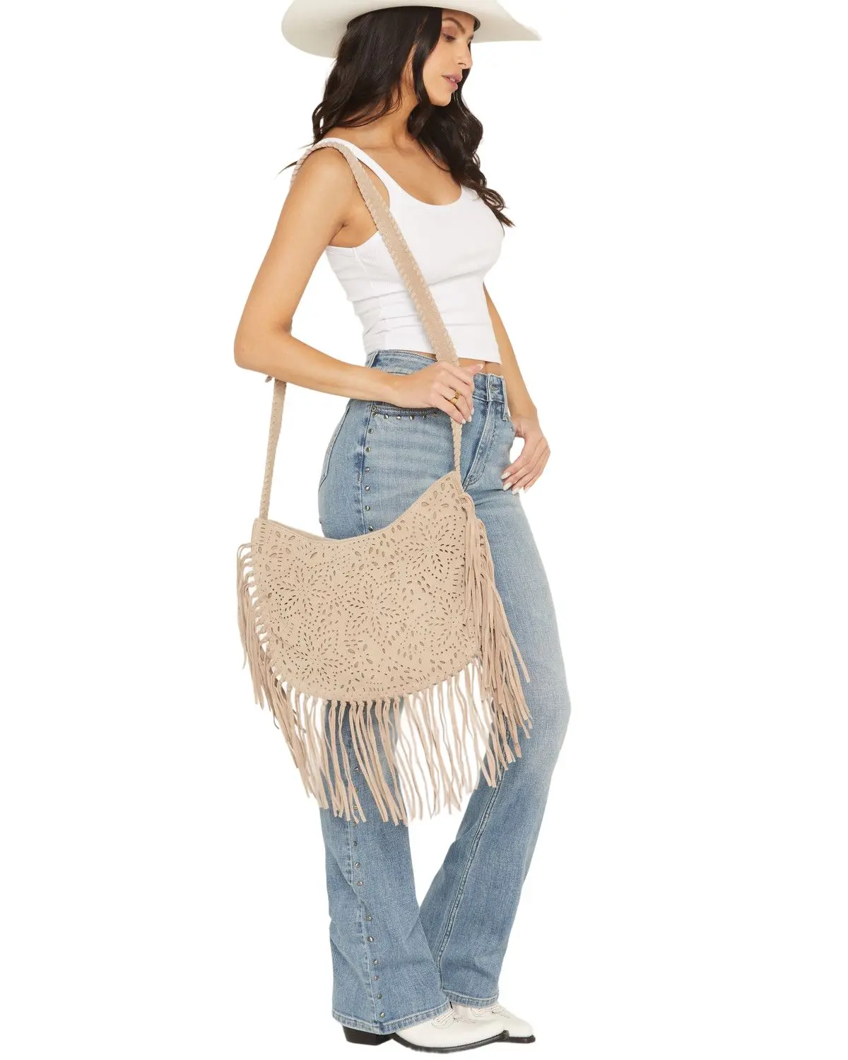 Shyanne Women's Women'S Avenly Floral Perforated Suede Hobo Bag - Saho25hb6-Tan Shyanne Women's Women'S Avenly Floral Perforated Suede Hobo Bag - Saho25hb6-Tan