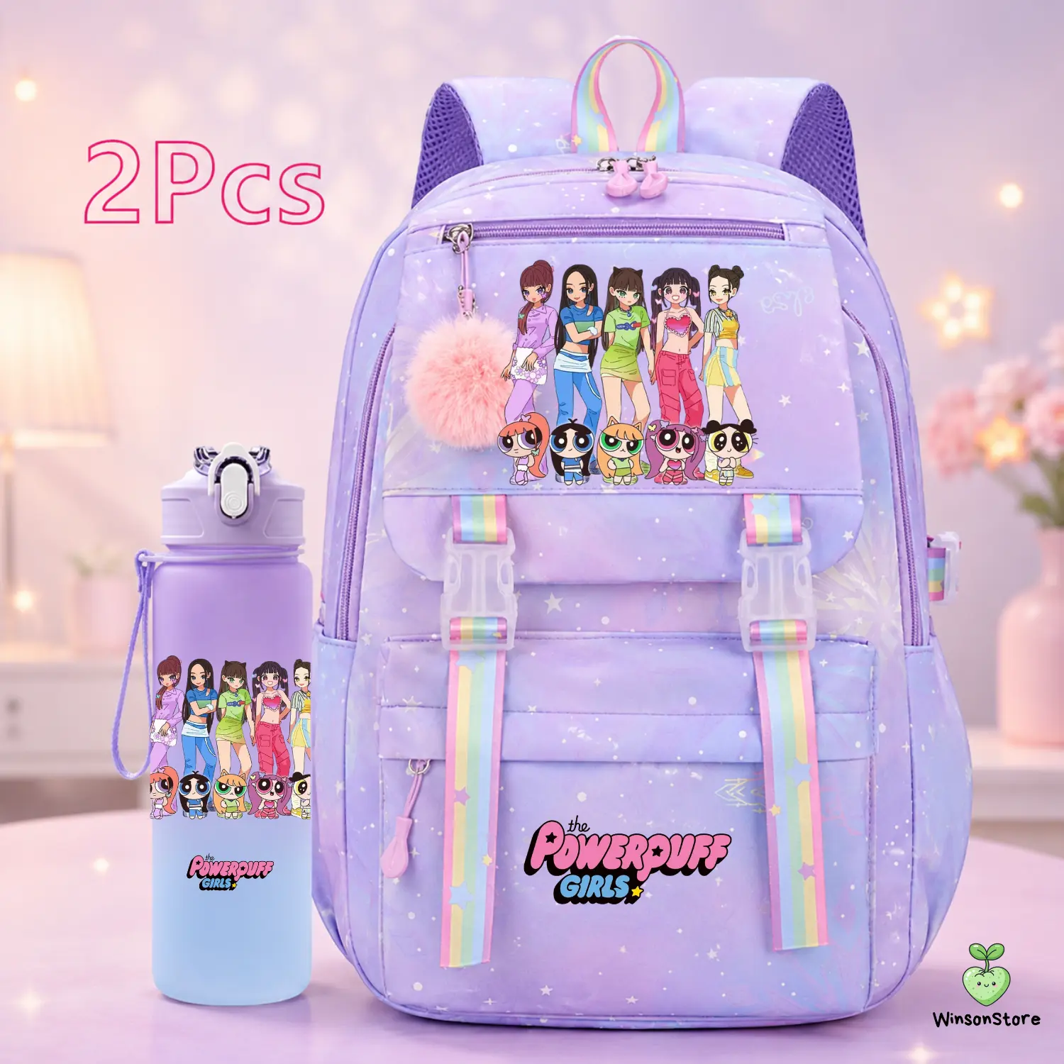 The Powerpuff Girls 2-Piece Purple Backpack Set for Girls – Fashion Cartoon School Bag with Water Bottle
