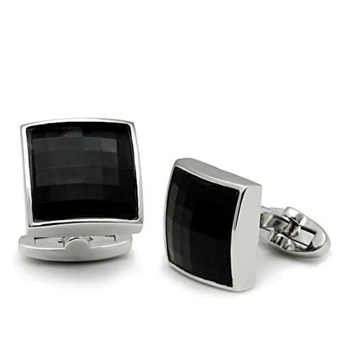 212 MAIN Men's Rhodium-Plated Brass Base Cufflinks with Jet Stones - Stylish Shirt Outfit Accessories