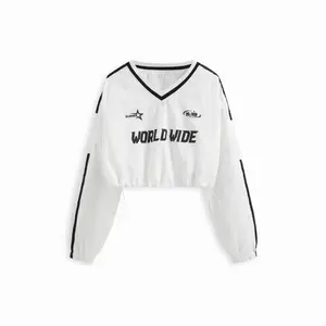 Cider World Wide V-neck Long Sleeve Contrasting Binding Drawstring Crop Sweatshirt