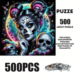 500 Piece Skull Gothic Girl Puzzle, Large Adult Family Interactive Toy, DIY Home Decor Brain Challenge, Holiday Scene, Perfect Gift