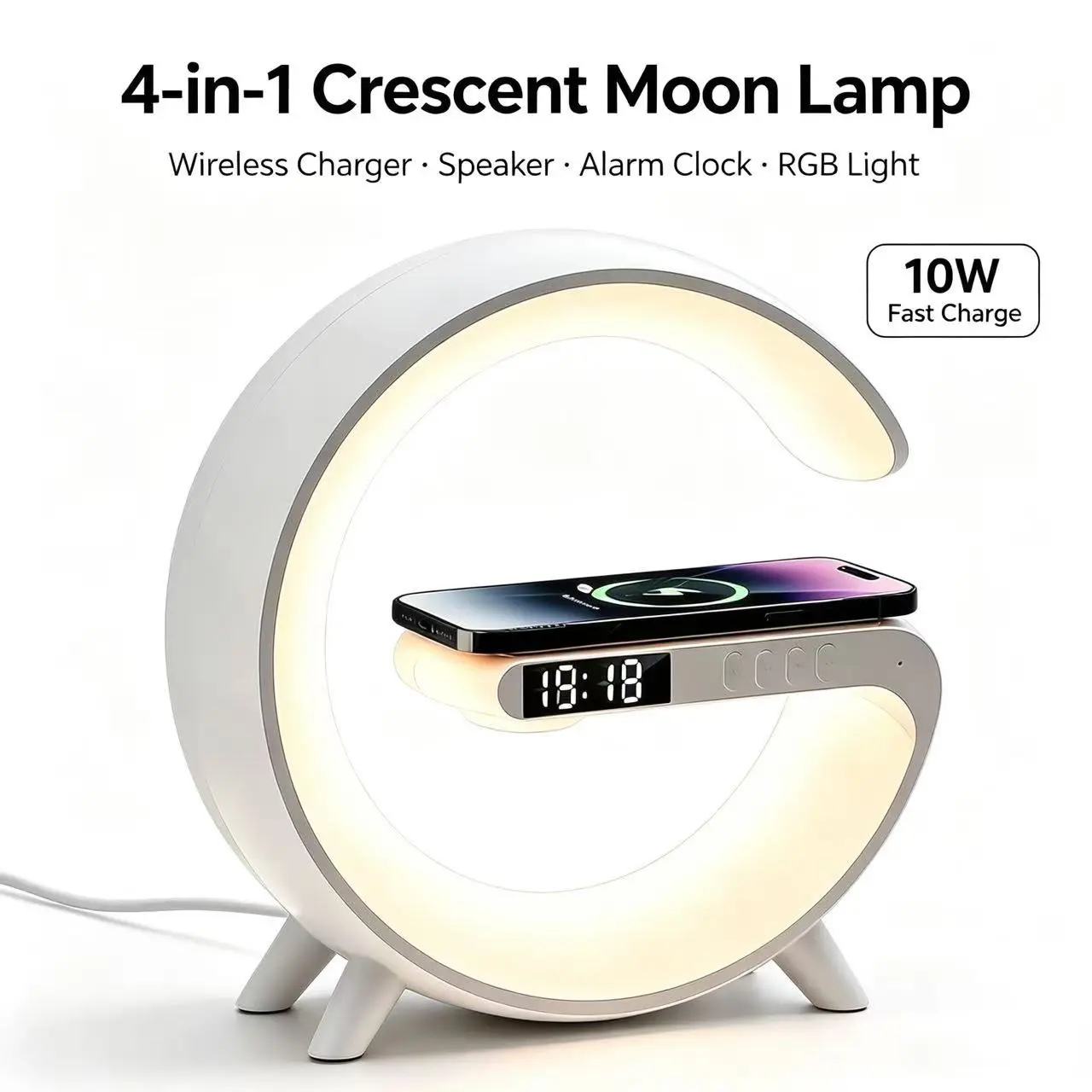 Crescent Moon 4-in-1 Desk Lamp - Plug-In Only with Wireless Charger, RGB Light, Bluetooth Speaker and Alarm Clock for Home Office