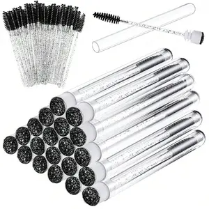 Black Eyelash Brushes with Container, Bendable Disposable Brow Rolls, Crystal Castor Oil Brush for False Lashes, Makeup Brush Kit