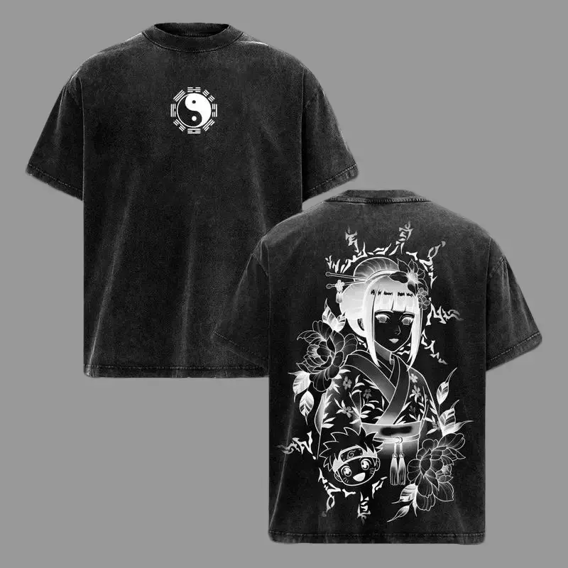 Men's Naruto Hinata Hyuga Byakugan Princess Vintage Washed Oversized Soft Cotton Short-Sleeve Graphic T-Shirt - Unisex Streetwear Top, Gift for Anime Fans Casual Crewneck Tshirt sohochic