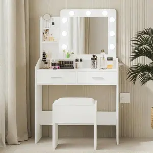 YJ-Garvee Modern Makeup Vanity Desk with Large LED Mirror, Adjustable Brightness, Power Outlet, Cushioned Stool, Multiple Drawers, Hairdryer Holder, Charging Station in Various Colors for Bedroom