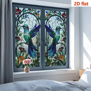 2D Static Adhesive Matte Sticker, Hummingbird Floral Painted Glass PVC Window Decal, 45x100cm Privacy Protection Home Decor