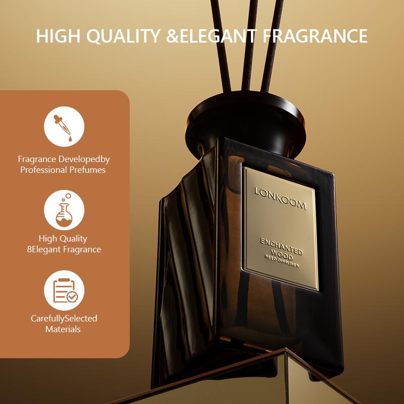 ENCHANTED Woody Reed Diffuser Set 5 oz (150ml) Oriental Woody Scented Diffuser with Sticks Home Fragrance for Bathroom Shelf Decor by lonkoom Aroma Floral Gift Oil Freshener Flower