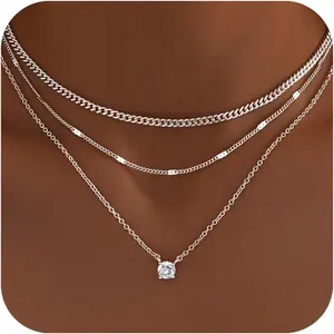 Layered Gold Necklaces for Women, 14K Gold Sterling Silver Plated Dainty Pendant Necklace Set Non Tarnish, Chunky Stackable Cuban Chain Choker, Trendy Personalized Birthstone Jewelry Gift for Mom