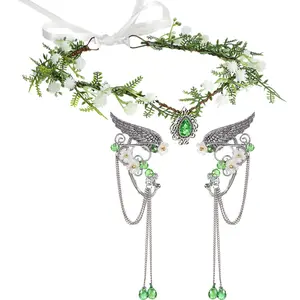 Elves Cosplay Set Fairy Flower Crown Headpiece Elf Ears Cuffs Renaissance Costume Leaf Elves Wings Ear Cuff