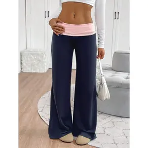 Women's Casual Contrast Foldover Waist Wide Leg Sweatpants