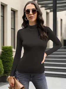Women's High Neck Long Sleeve T-Shirt, Stylish Casual Pullover, Comfortable Lightweight Top for All Seasons, Fitted Stretchy Design