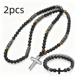 2pcs Mens 8MM Beaded Cross Necklace&bracelet set Natural Stone Bead Necklace with Pendant Costume Jewelry Birthday Gifts for Men Valentine's gift