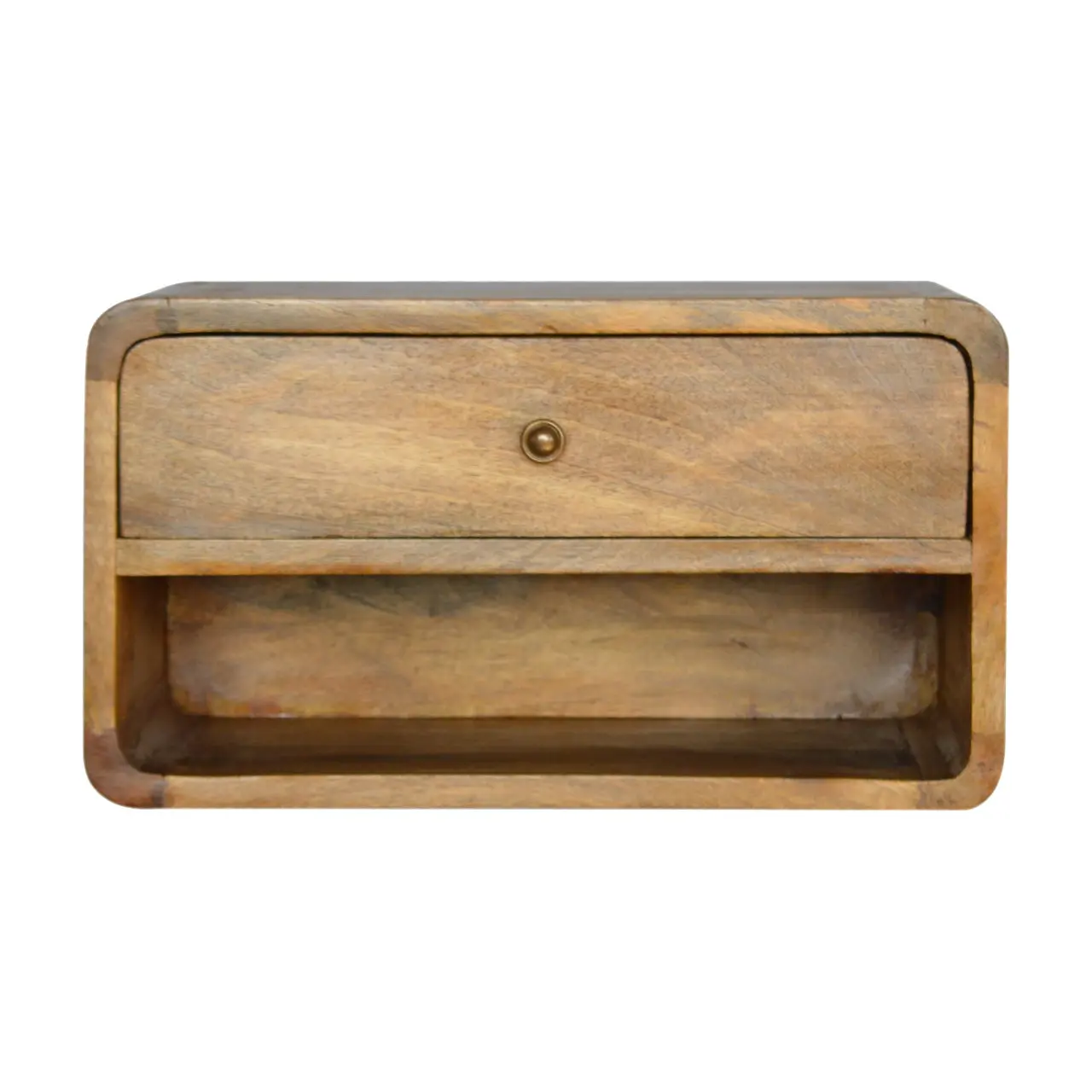 Floating Curved Nightstand - Open Shelf & Drawer (Oak-ish Finish)