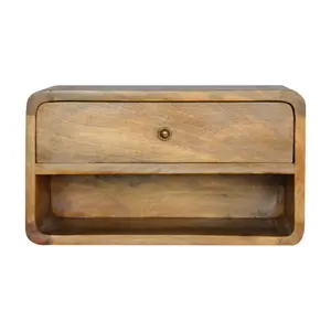 Floating Curved Nightstand - Open Shelf & Drawer (Oak-ish Finish)