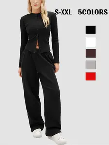 Women's Minimalist Solid ColorButton-Up Long Sleeve Slim Top & Wide LegTrousers Co-ord,Comfort Basic Co-ord Setfor Lady Spring & Fal