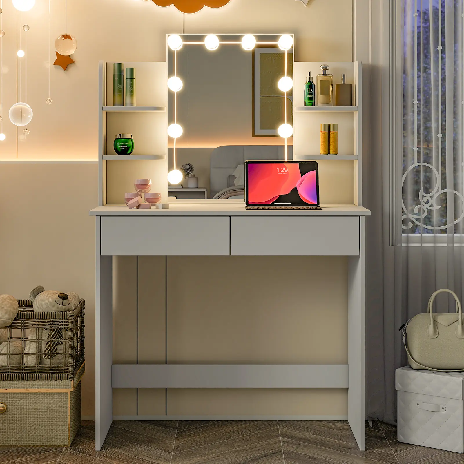 Oakault Small Vanity Desk with Mirror and Lights, Modern Vanity Table with 2 Drawers, Storage Shelves, Mini Makeup Vanity with Lights 10 Bulbs and Adjustable Brightness, Dressing Table for Bedroom,Pure White sohochic