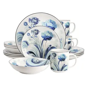 Elama Peony Garden 16 Piece Round Porcelain Dinnerware Set
