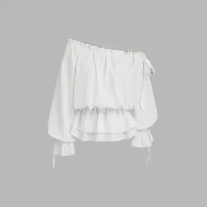 Cider Asymmetrical Neck Lantern Sleeve Knotted Blouse