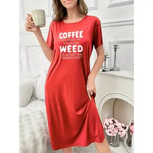 Fast Shipping (1PCS) Black White Red Women's Casual Round Neck T-Shirt Dress, Printed with 'Coffee Changes What I Can Do, Weed Accepts What I Can't', Polyester 100%, Knitted Fabric, All-Season Comfort, Women's T-Shirt Lace Womenswear night gown women