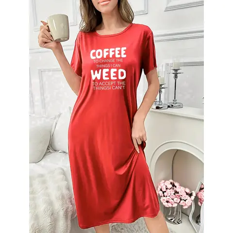 Fast Shipping (1PCS) Black White Red Women's Casual Round Neck T-Shirt Dress, Printed with 'Coffee Changes What I Can Do, Weed Accepts What I Can't', Polyester 100%, Knitted Fabric, All-Season Comfort, Women's T-Shirt Womenswear Adjustable Comfy Lace Slip